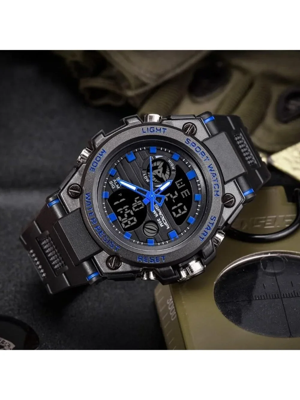 Men's Black Blue Analog Quartz Sports Outdoor Waterproof Military Digital Watch